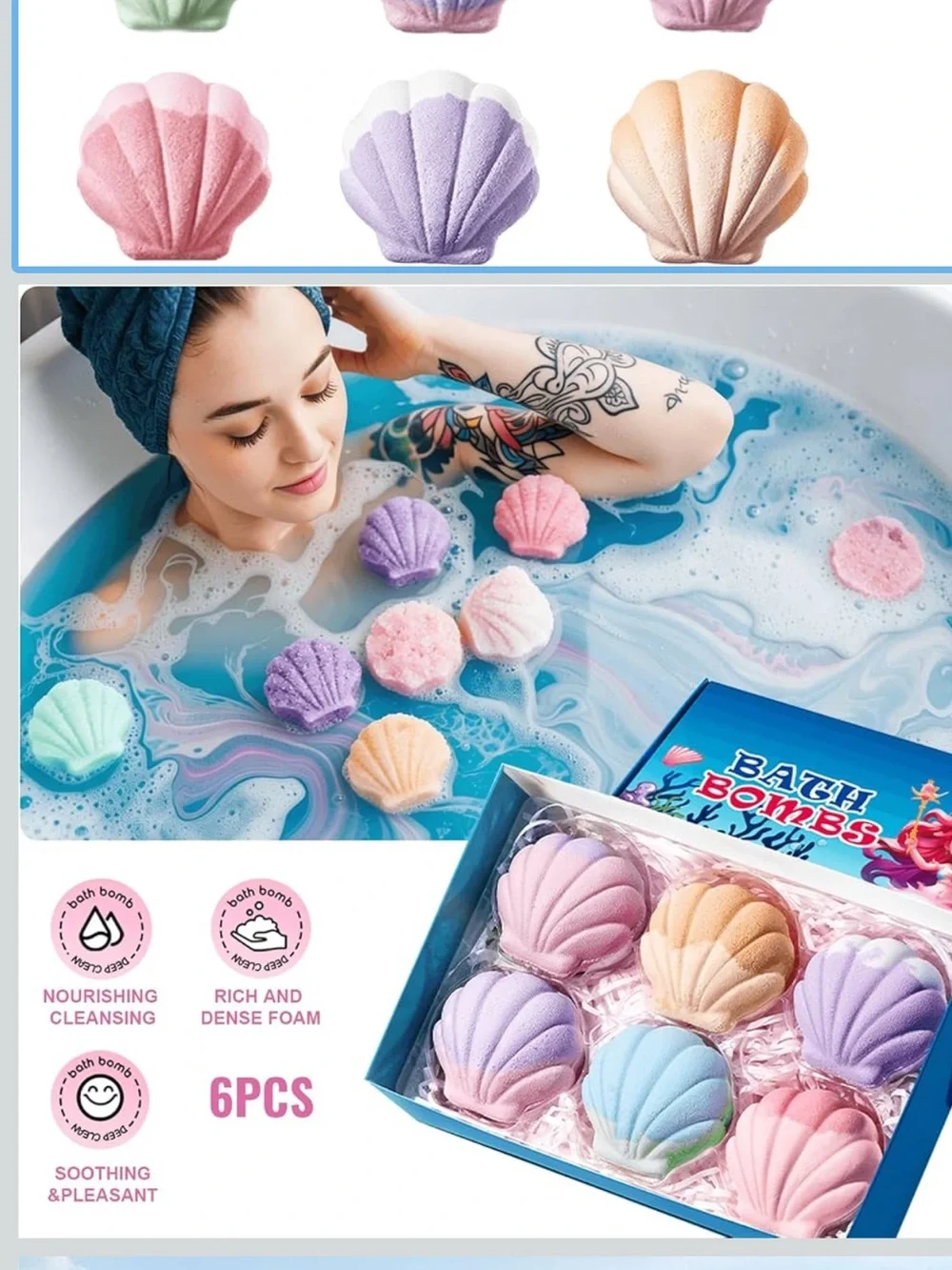 6-Pack Dual-Tone Seashell Bath Bombs - Relaxing Scents Gift Set new unopened